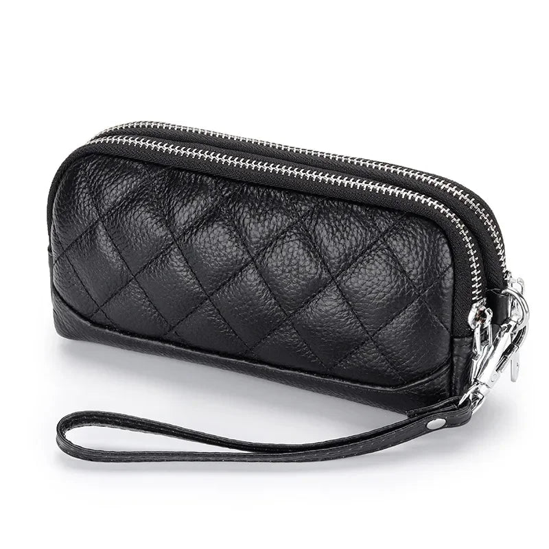 Double Zipper Clutch Bag for Women Genuine Leather Coin Pocket Money Purse Women's Clutches Female Clutch Purse with Wrist Strap