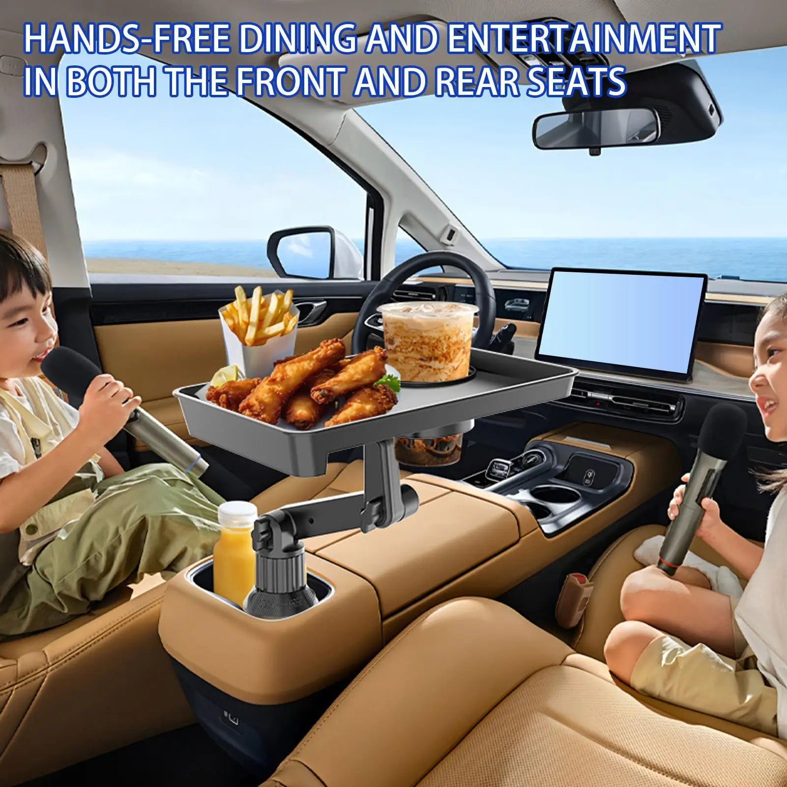 Car Cup Holder Expander Drink Holder with Food Table 360 Degree Adjustable Base Tray for Snack Rotatable Tray Bracket