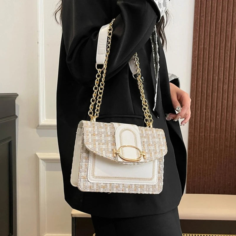 Chic Mini Plaid Tweed Crossbody Bag with Adjustable Strap, Fashionable Buckle Closure - Available in Cream, Green, Blue, Black