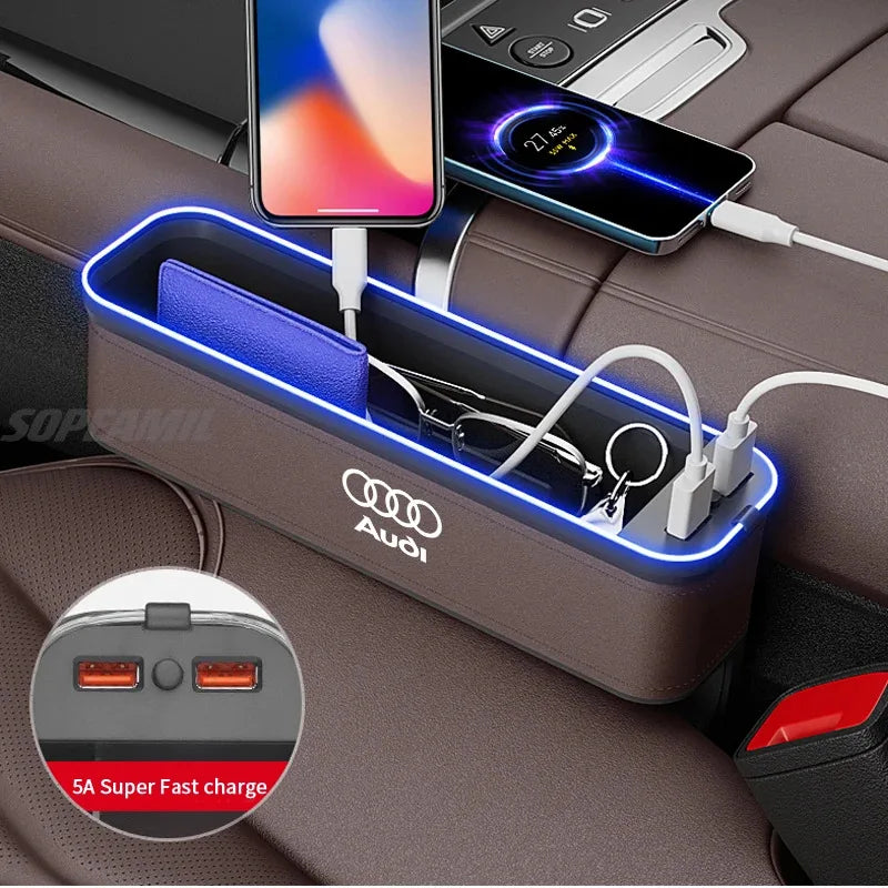 Audi A3 A4 A5 A6 A7 A8 RS3 RS4 RS5 RS6 S3 S4 S5 S6 Q3 Q5 Q7 Q8 Car Seat Gap Slot Crevice Storage Box With USB Charging Organizer