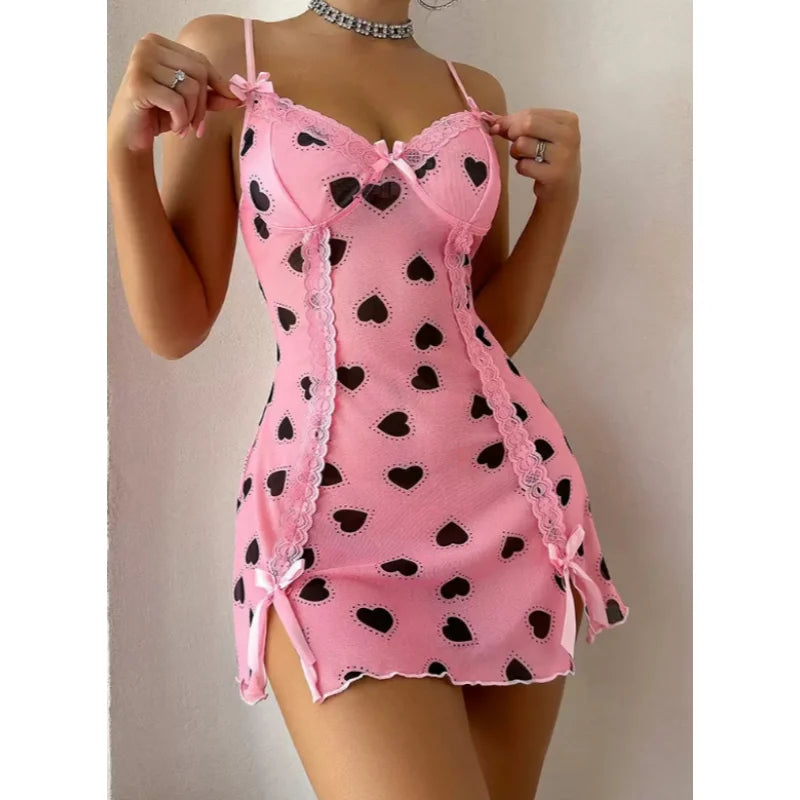 Women Bowknot Deep V Camisole Nightdress Heart Print Lace Patchwork Sleeveless Short Dress Slim Fit Sexy Pure Desire Sleepwear