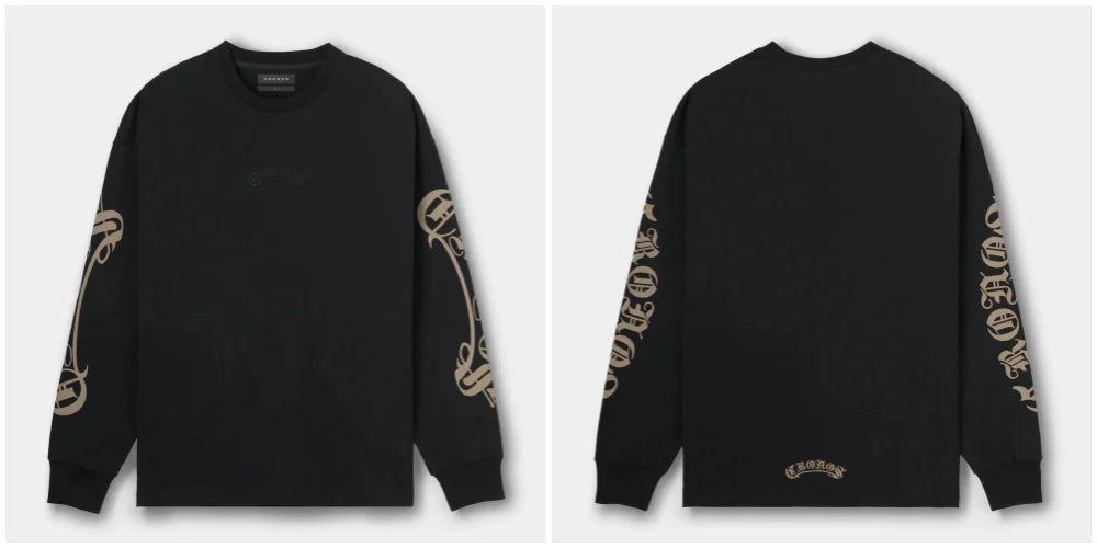 CRONOS Men's Oversized Long Sleeve T-Shirt Gothic Script Print Streetwear Tee Casual Hip Hop Fashion Gym Fitness Workout Tops