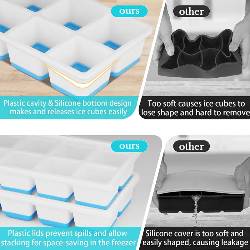 Large Ice Cube Trays Silicone Easy-Release Flexible Ice Cube Molds with Lids Big Square Cubed Ice Trays for Whiskey and Cocktail