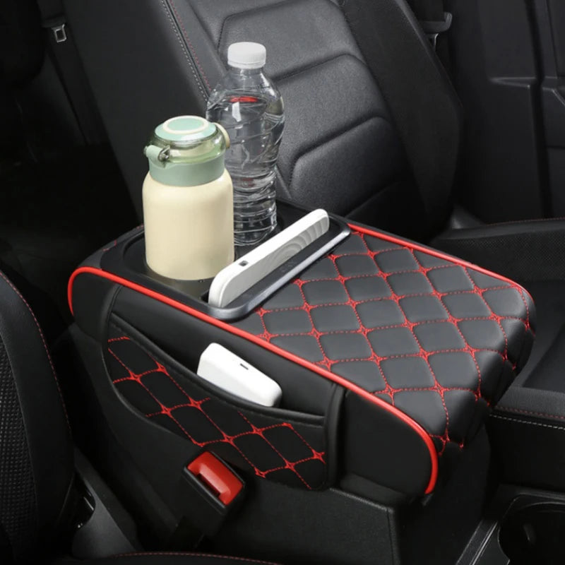 PU Leather Car Center Console Storage Height Pad with Cup Holder, Phone Card Slot, Dual Pockets or No Pocket Storage