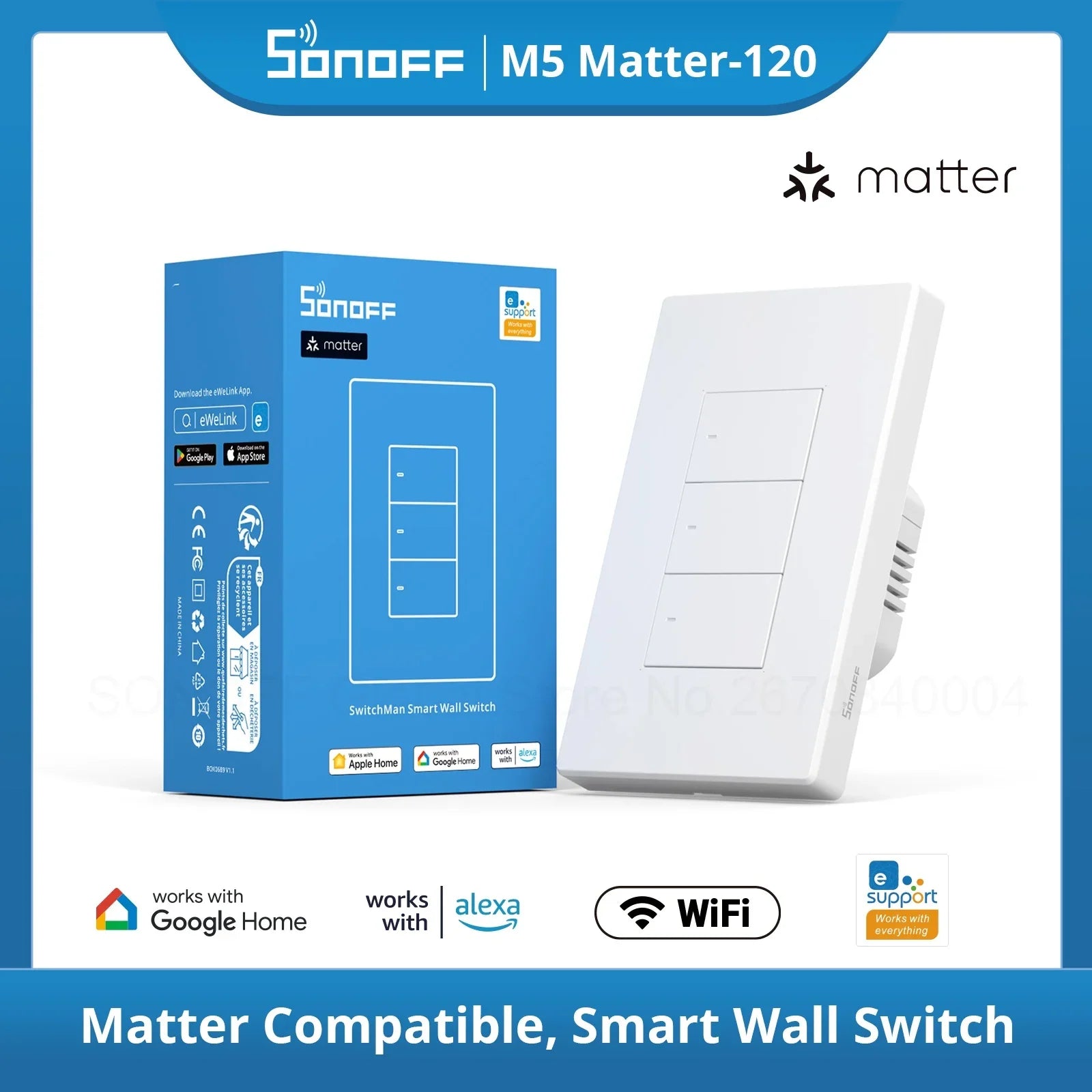 SONOFF M5 Matter SwitchMan WiFi Wall Switch Push Button Switch 120 Type Switch Frame Work with Alexa Google Homekit Alice