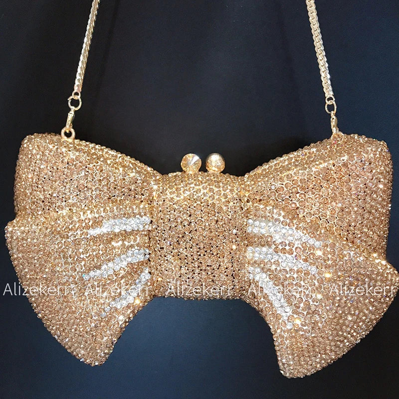 Alizekerr Bow Crystal Evening Bags Women Classy Sparkling Diamond Metal Clutch Purses And Handbags High Quality Wedding Party