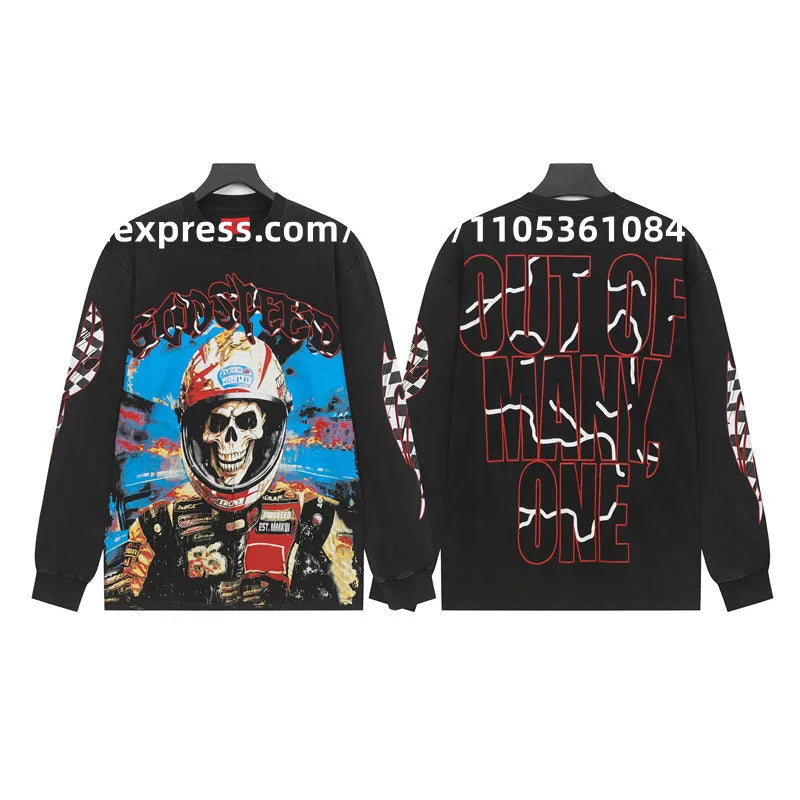 2026 Quality American Skeleton Pattern Printed Washed GODSPEED Long Sleeves T-shirt High Street Casual Cotton Round Neck Men Top