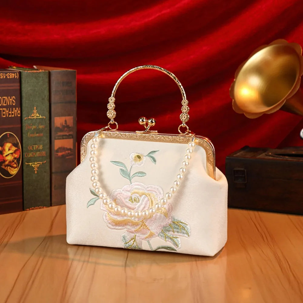 Popular Chinese Style Banquet Bag Embroidery High Capacity Shoulder Bag Pearl Handle Trendy Crossbody Bag Women
