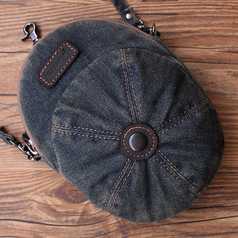 Retro Denim Mobile Phone Bag Unisex  Crossbody Casual Versatile Trendy Korean Style Zipper Closure Pure Color round Shape