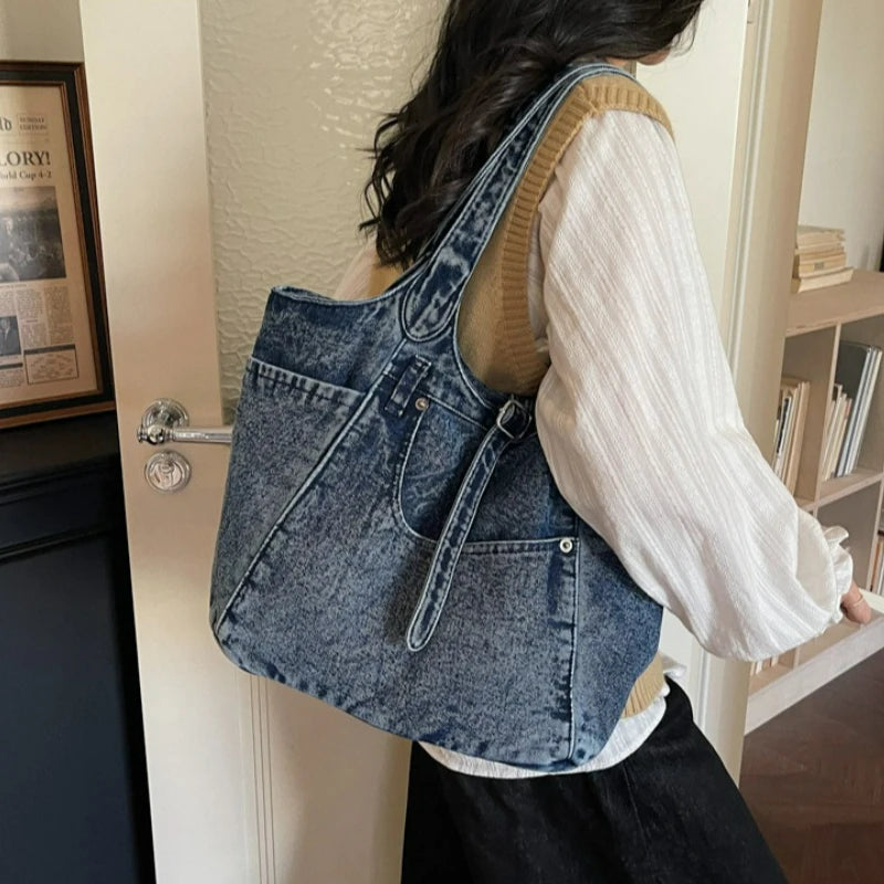 Retro Washed Women Tote Bag New Lazy Style Versatile Shoulder Bag Fashion Commuting Travel Armpit Storage Bag