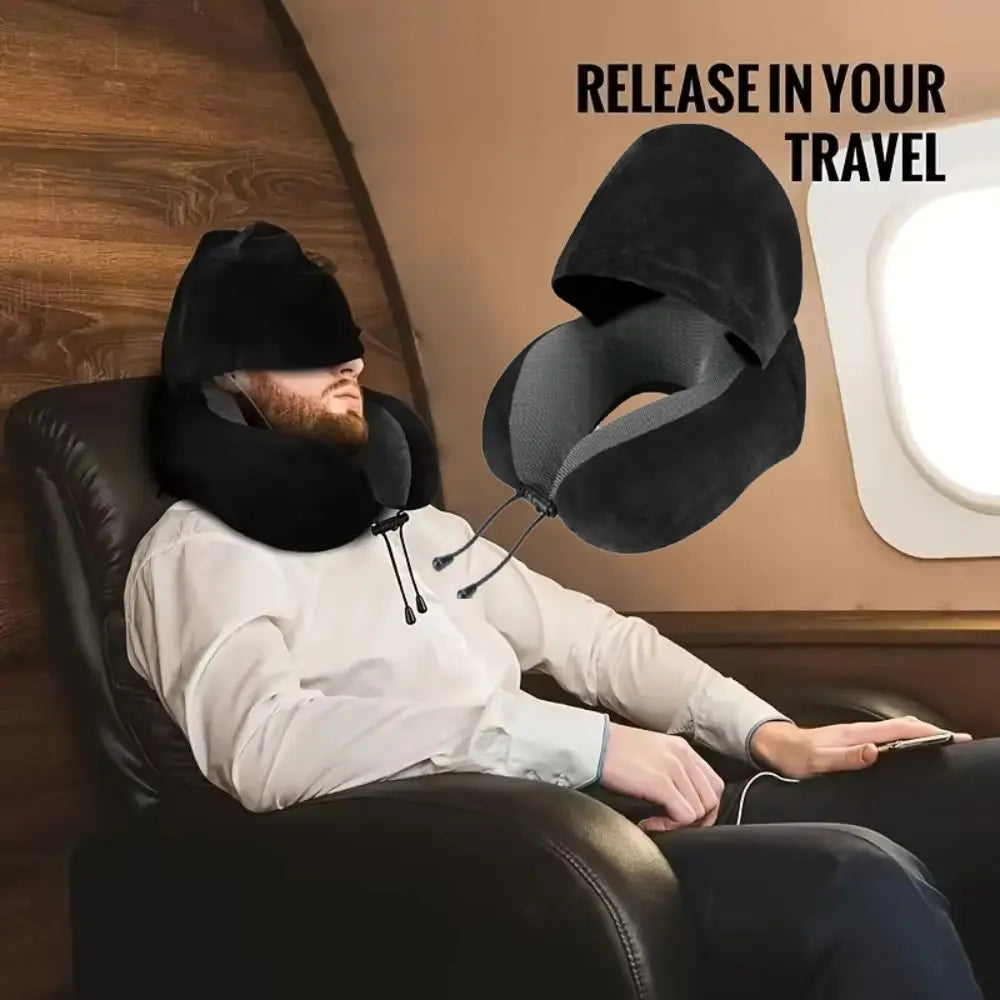 Removable Travel Neck Pillow Adjustable with Storage Bag Hooded Pillow Comfortable Soft Support U-shaped Pillow with Cap