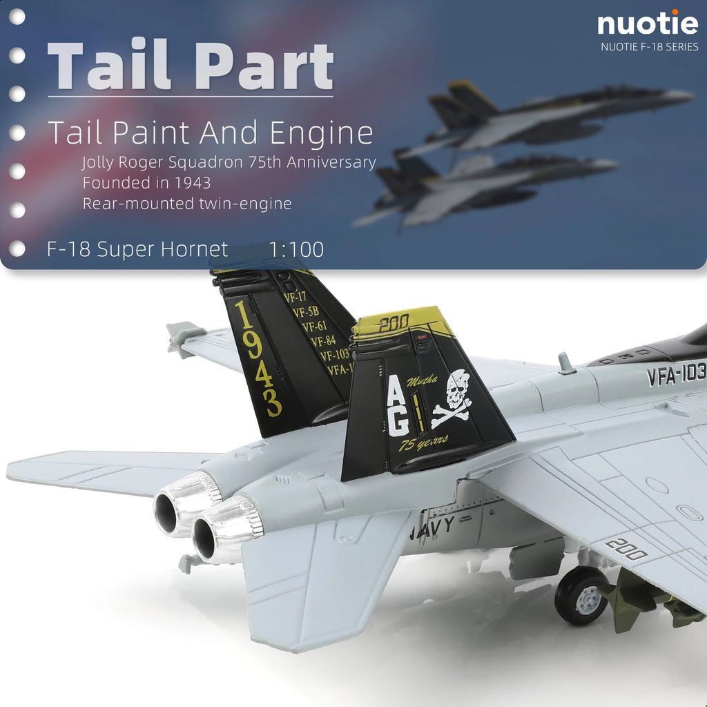 NUOTIE 1/100 F/A-18 Super Hornet Diecast Metal Fighter Jet Model Kits Pre-Build Replica 1943-2018 Jolly Roger Livery Military