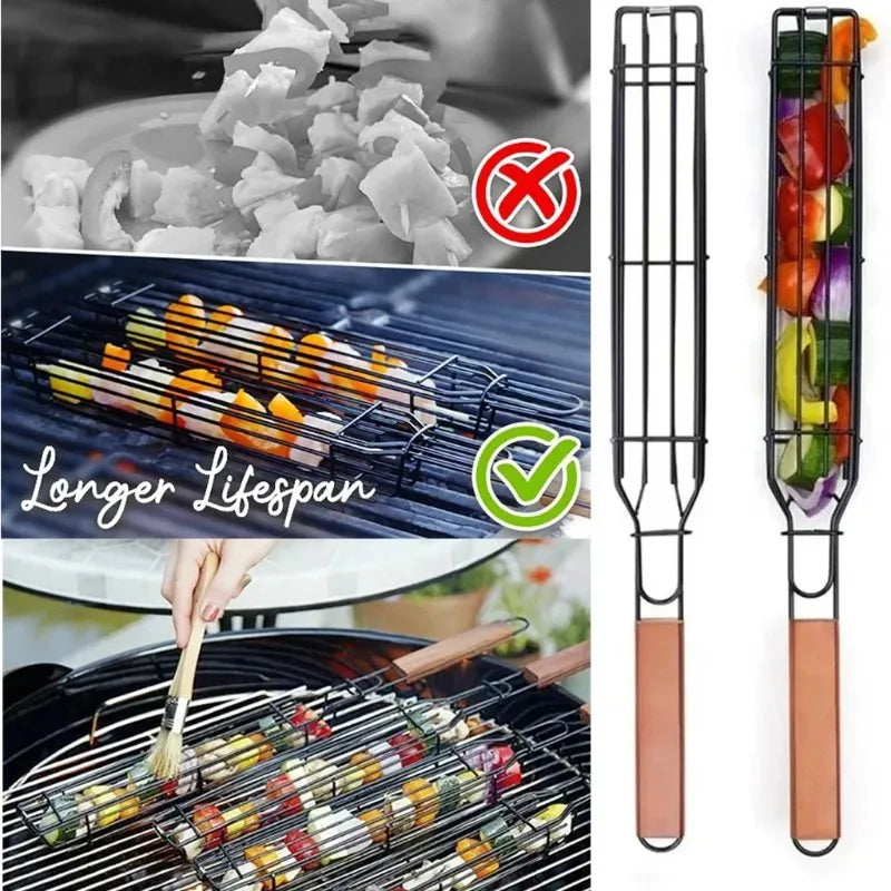 1pc Portable BBQ Grilling Basket Stainless Steel Nonstick  Mesh for Meat Vegetable Hamburger Barbecue Tool