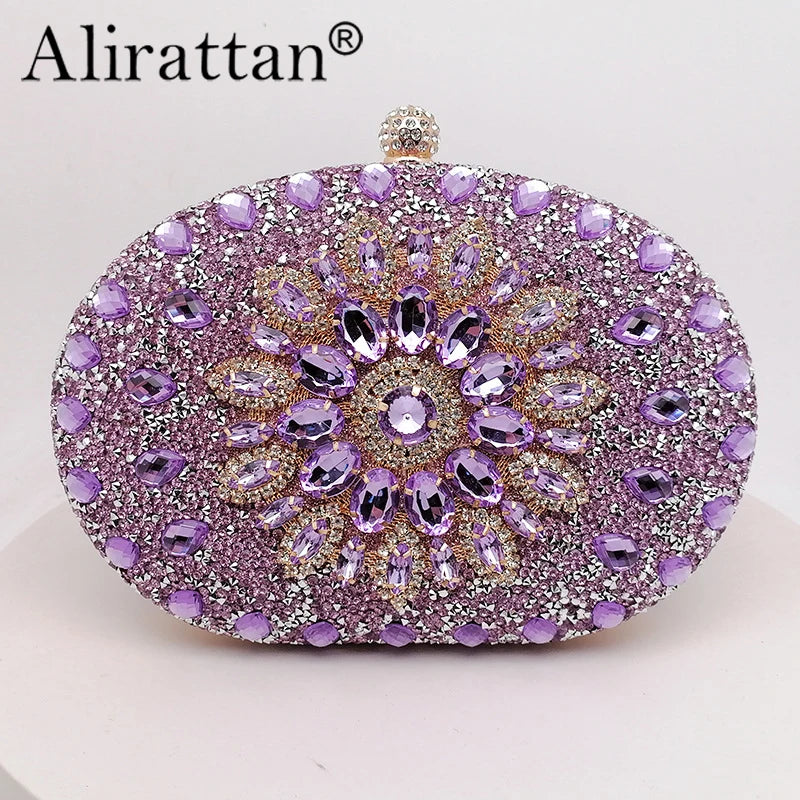 Alirattan 2026 New Flower Rhinestones Evening Bags Metal Prom Clutch Diamonds Clutch Chain Shoulder Handbags