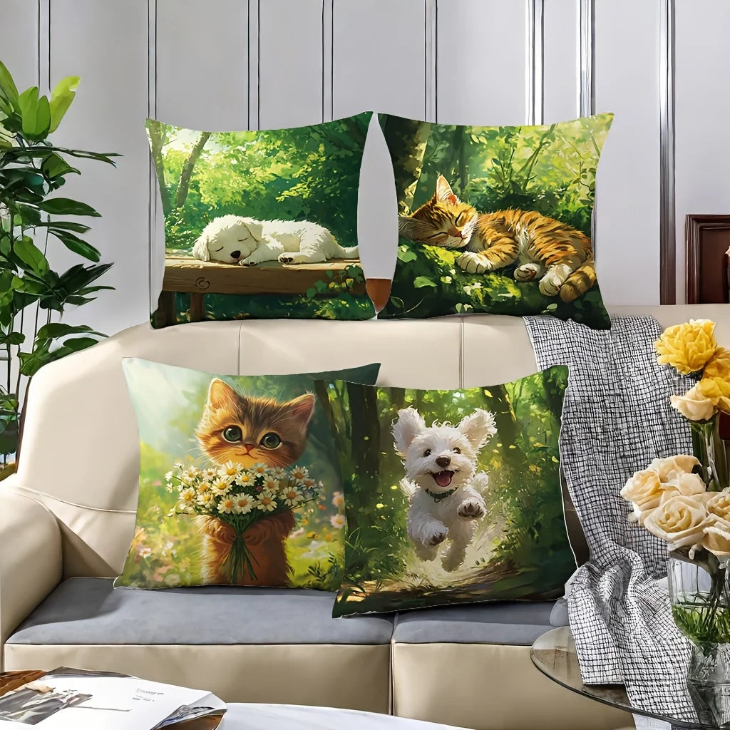 4-Piece Spring Printed Pillowcase Set – Featuring Puppies, Kittens, Forest Scenes & Daisies