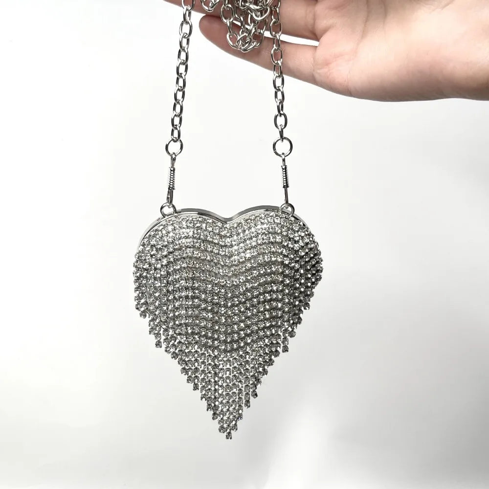Luxury Rhinestones Ladies Evening Bag Mini Heart Shape Shoulder Bag Portable Handle Rhinestone Handbags Evening Wedding Party