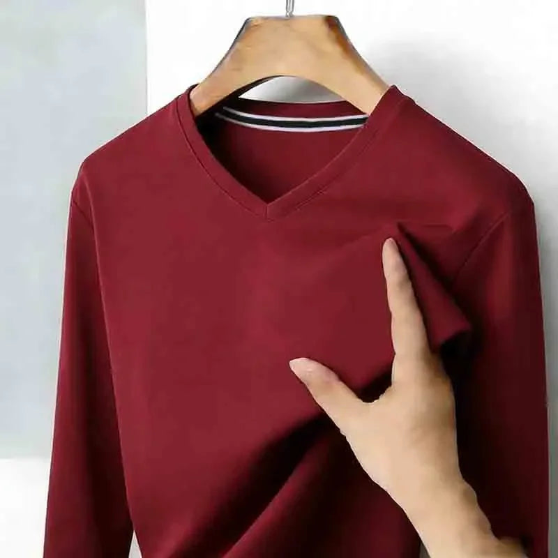 Basic Men's Light Gray V-neck Long Sleeve T-shirt Textured Fabric Casual Top for Everyday Outfits
