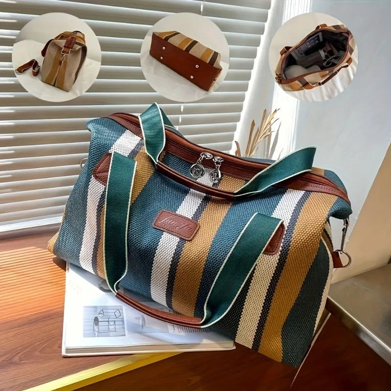 Fashion Striped Canvas Large Capacity Tote Commuter Handbag Travel Shoulder Crossbody Mom Diaper Bag