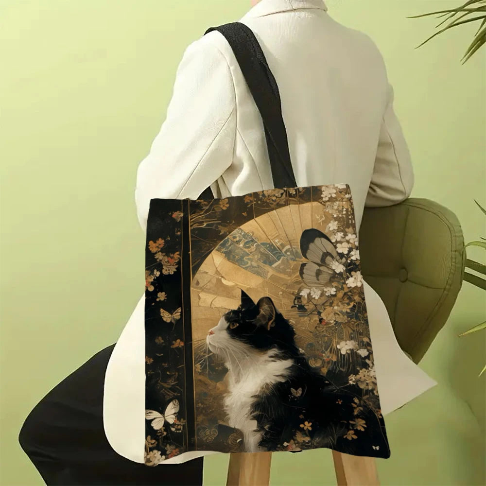 Classic Black And White Cat Tote Bag With Cat Print, Reusable Shoulder Shopping Beach Bag For Women, Durable Casual Carryall