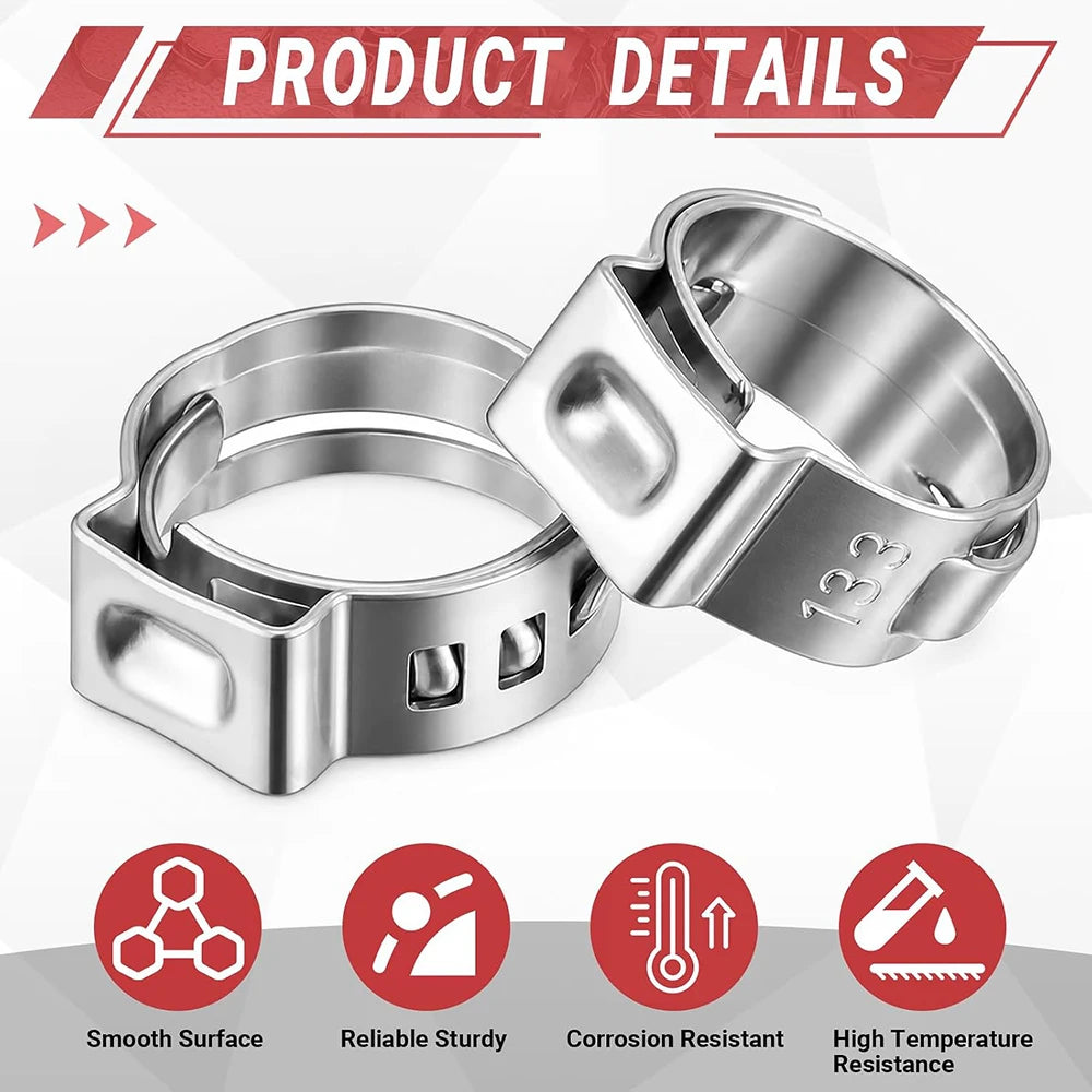 100pcs Single Ear Hose Clamp 6.5-33.1mm Hose Clamps Crimp Ring 304 Stainless Steel Pinch Clamp for Pex Tubing Pipe Automotive