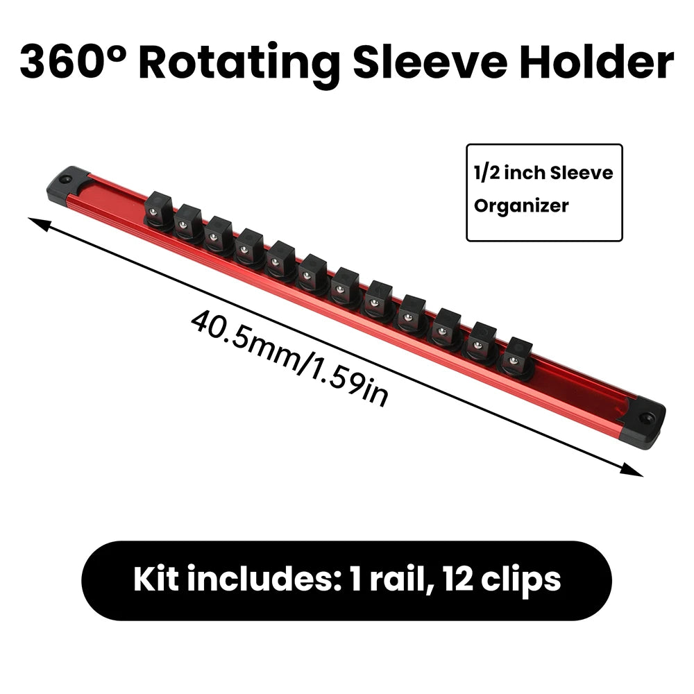 Aluminum Magnetic 360° Swivel Socket Organizer 1/4Inch 3/8Inch 1/2Inch Drive Socket Organizer Rack Premium Clip Rail Holder