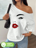 Plus Size Women's Y2K Style Graphic T-Shirt, Bold Pop Art Face Print with Glossy Lips and Dark Eyes, 100% Cotton Shoulder Loo