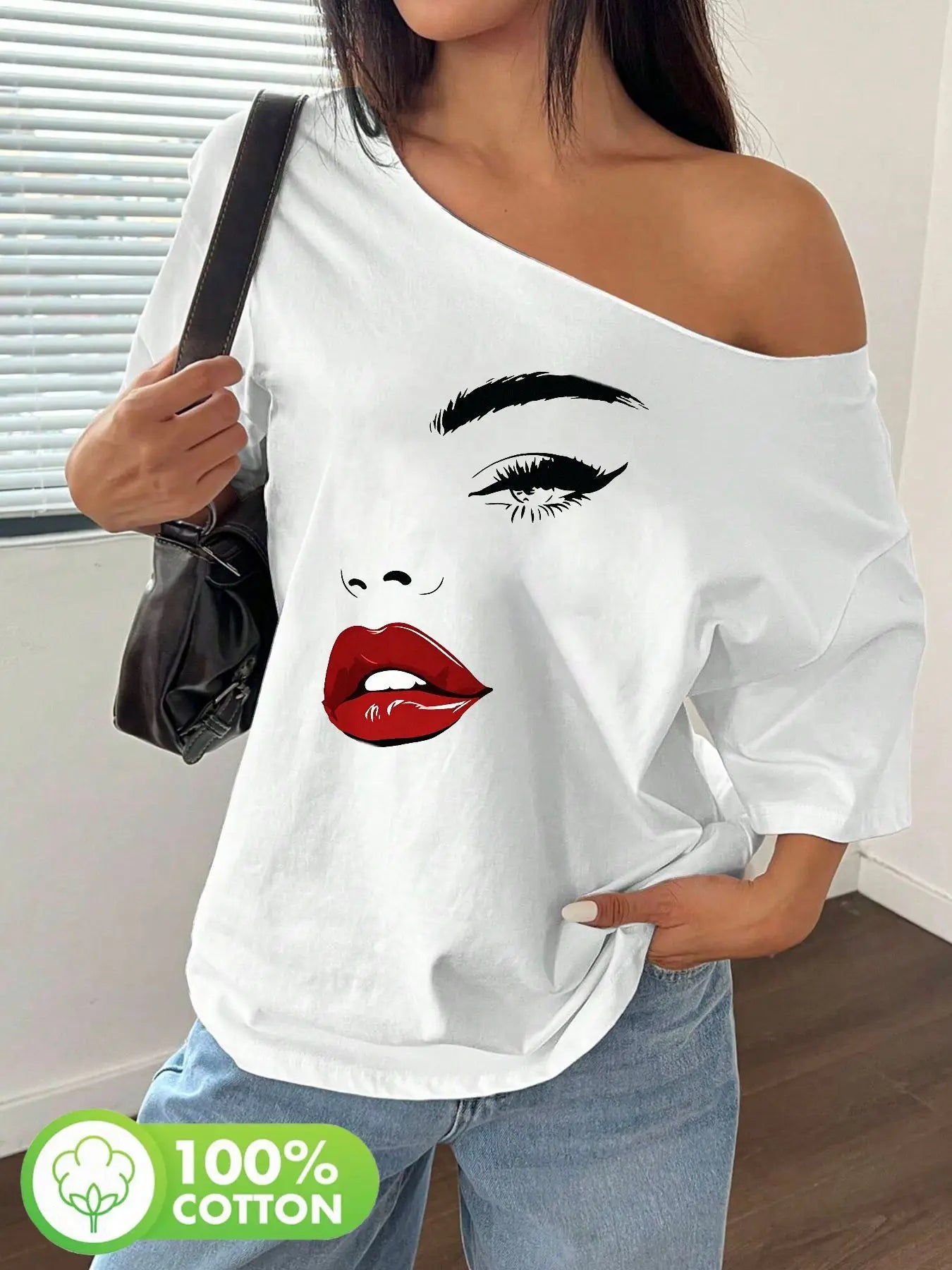 Plus Size Women's Y2K Style Graphic T-Shirt, Bold Pop Art Face Print with Glossy Lips and Dark Eyes, 100% Cotton Shoulder Loo