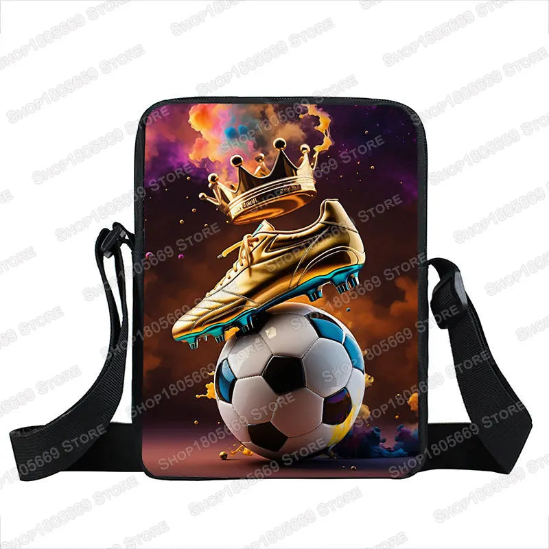 Cool Golden Soccer with Crown Print Crossbody Bags Hot Blood Football Sport Handbags Teenagers Boys Girls Phone Holder Bookbag