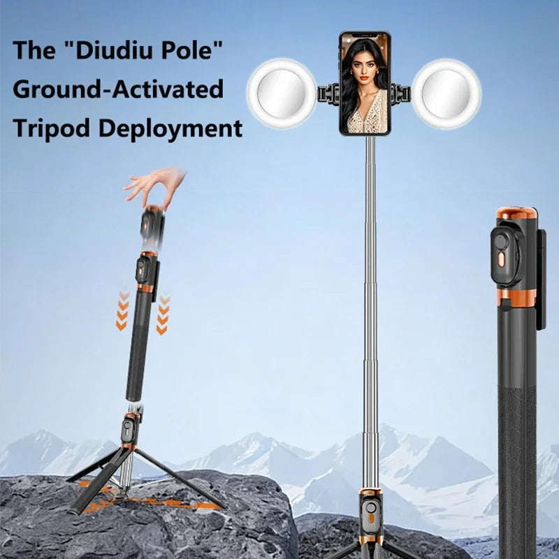 Portable Selfie Stick 360° Rotatable Tripod with Dual Beauty Fill Lights Scalable 1.7m Wireless Bluetooth Remote Phone Holder
