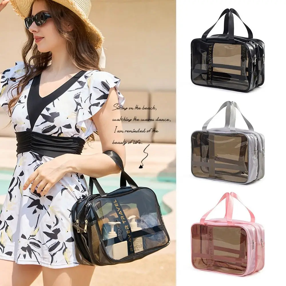 Portable Mutlicolor Cosmetic Bag Transparent Multi-purpose Storage Bag Dry Wet Separation PVC+Mesh Cloth Toiletries Bag Beach