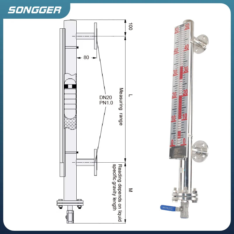 Side Mounted Magnetic Flip Level Gauge for Tanks Direct Reading Float Indicator SS304 316L PP PVC PTFE 80℃ 1.6MPa Custom Length