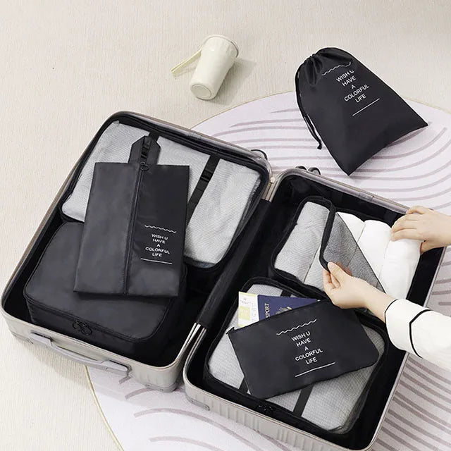 7Pcs Travel Packing Cubes Set Waterproof Luggage Organizer with Drawstring Storage Pouches for Clothes Shoes Underwear - Suitcas