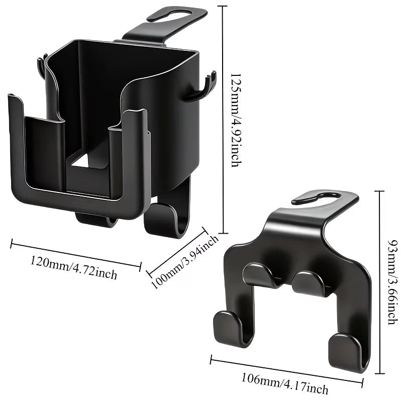 A 2-piece multi-functional car seat back storage bag, including a cup holder, a phone stand and a hook.