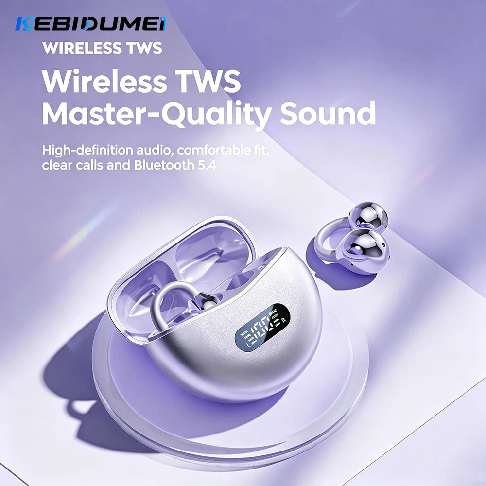 KEBIDUMEI Open Ear Bluetooth 5.4 Earphones Ear Clip Wireless Earbuds ENC Sports Noise Cancelling Headsets LED Display Headphones