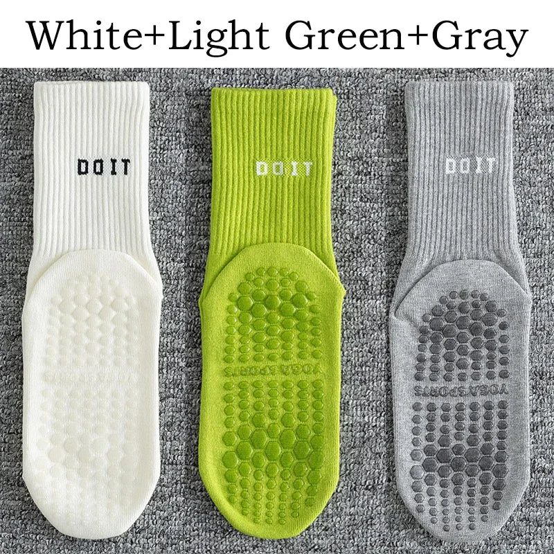 3Pairs Yoga Socks for Women Cotton Solid Mid Calf Pilates Socks Simple Sports Dance Fitness Training Cushion Socks