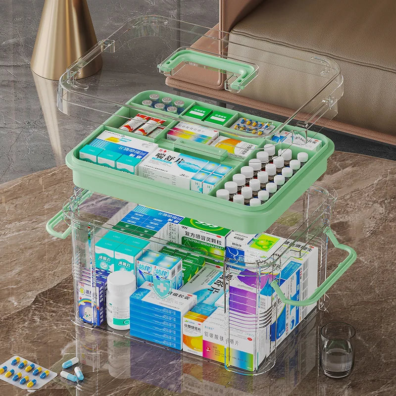 Transparent Double-Layer Medical Box Portable First Aid Medicine Box Home Handheld Large Capacity Child Medication Organizer