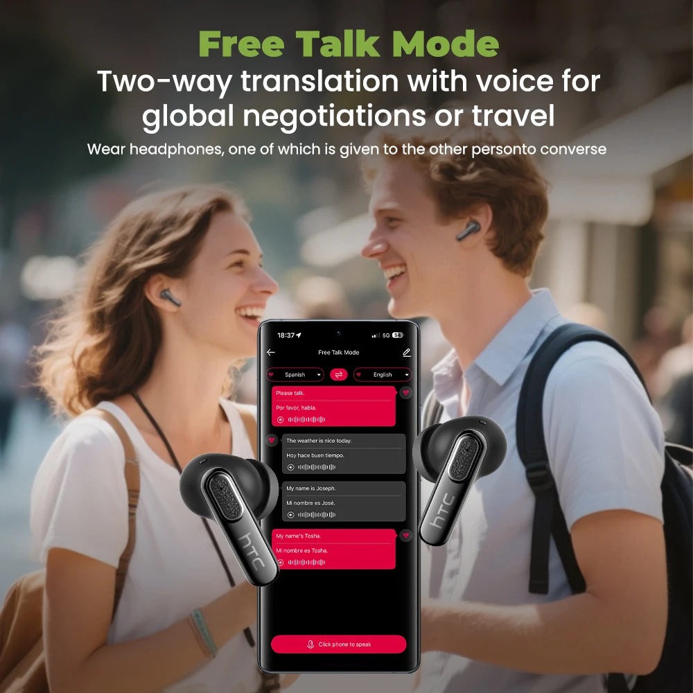 Bluetooth Headset AI Translation Real-time 134 Languages In-Ear Comfort Surround Sound for Travel Work HTC NE60 TWS Earbuds