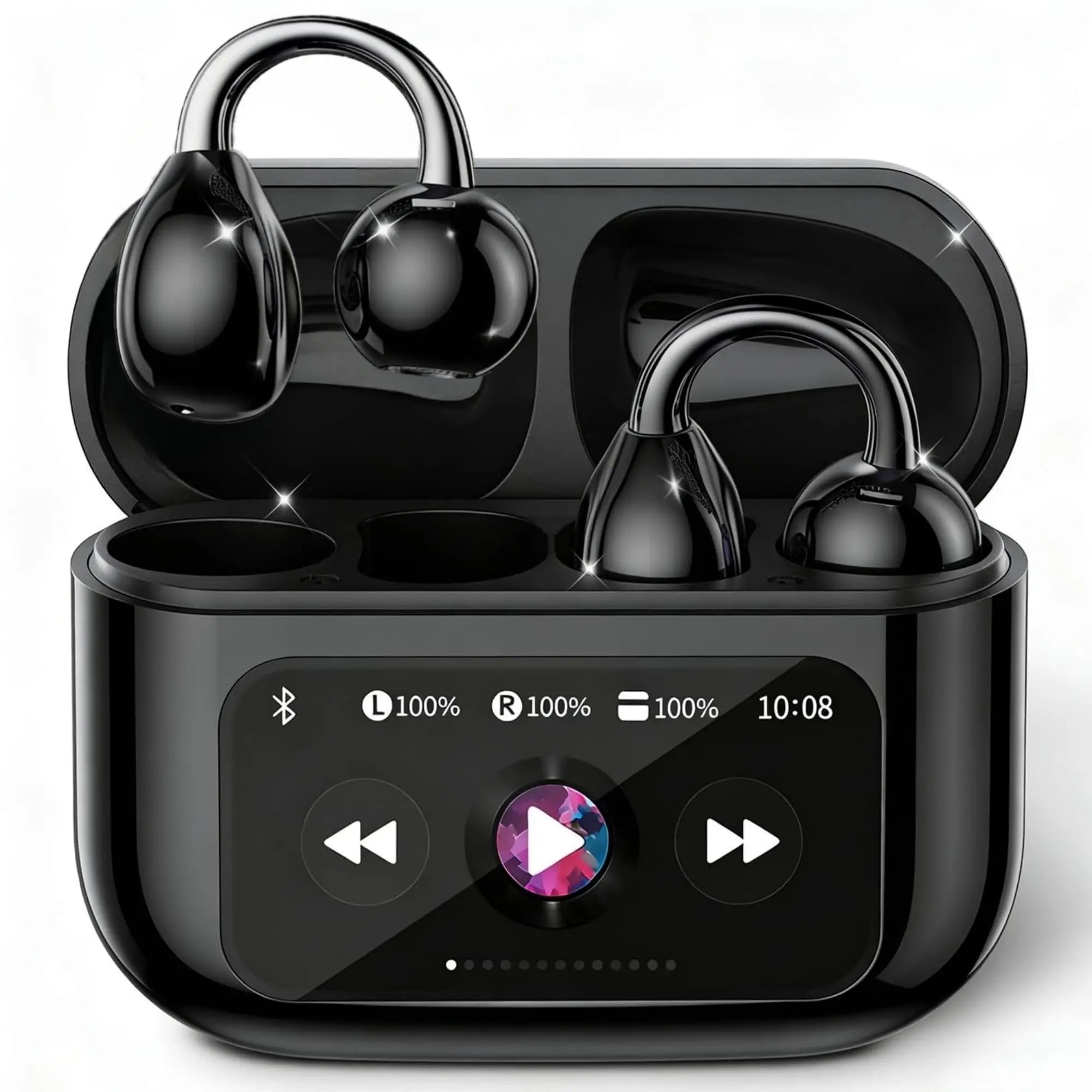 M100 Clip On Earbuds with Touchscreen Case , Wireless Open Ear Headphones ,Bluetooth 6.0 , 50h Battery Life，IPX7 Waterproof