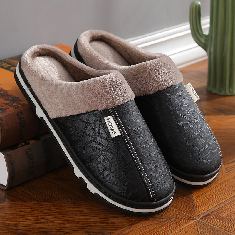 Mens Winter Slippers PU Leather Waterproof Indoor House Shoes Big Size Warm Fur Lined Home Bedroom Slippers