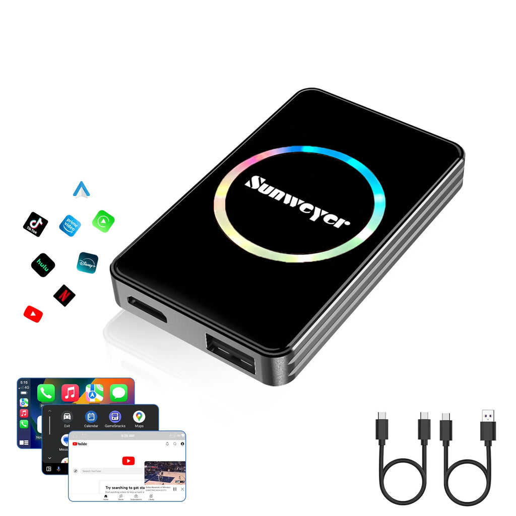 Wireless CarPlay Adapter – Android Auto AI Box SW12 Lite with Netflix, YouTube, Hulu, App, Dual-Band WiFi 6, Bluetooth, HDMI