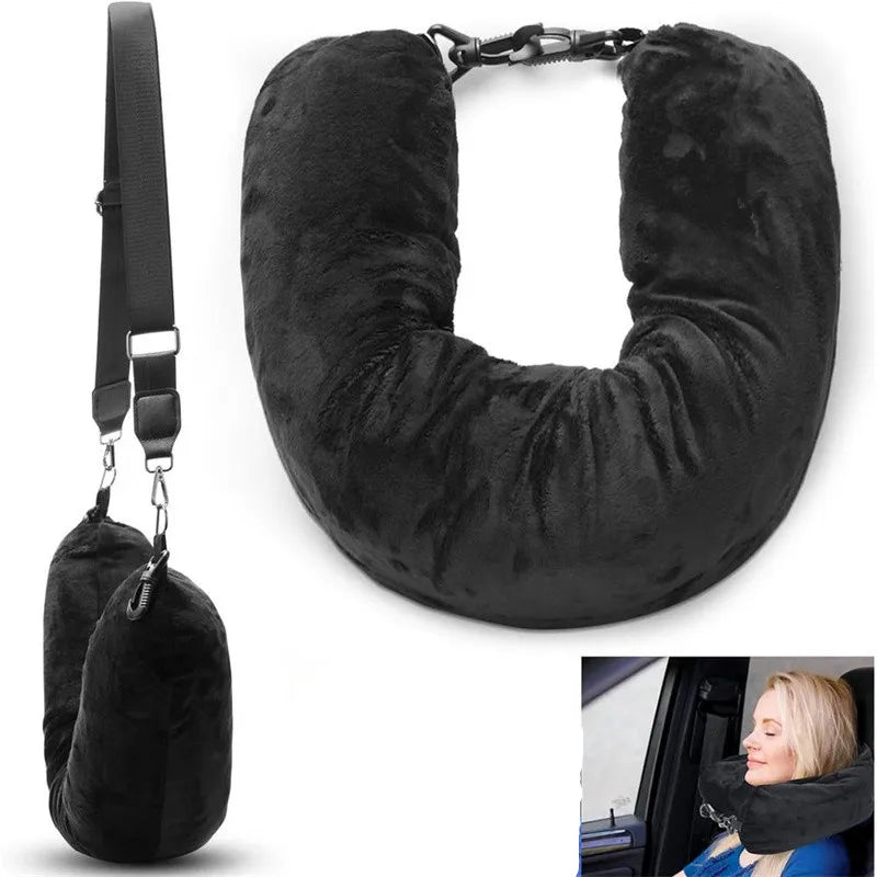 Travel neck pillow U-shaped,adjustable soft wool cover,can be filled with clothing for comfort Travel Pillow With Storage Pouch