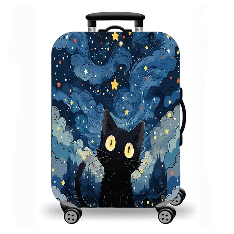 Luggage Cover, Starry Night Cat Cartoon Fantasy Print Stretch Suitcase Protector, Washable Anti-Scratch Travel Baggage Cover