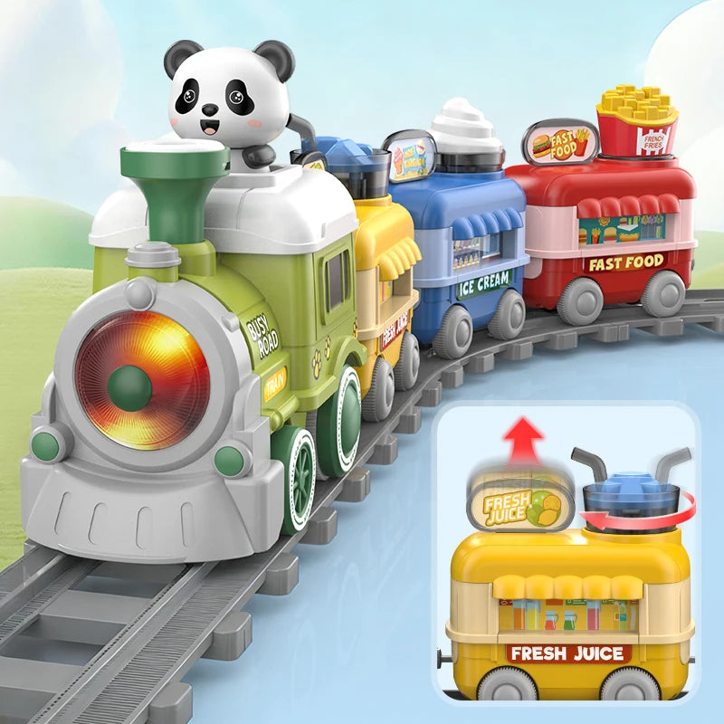 Steam Train Track Toys Electric Magnetic Blow Balls Cartoon Spray Car Models Sound Light Engineering Vehicles Children Toy Gifts