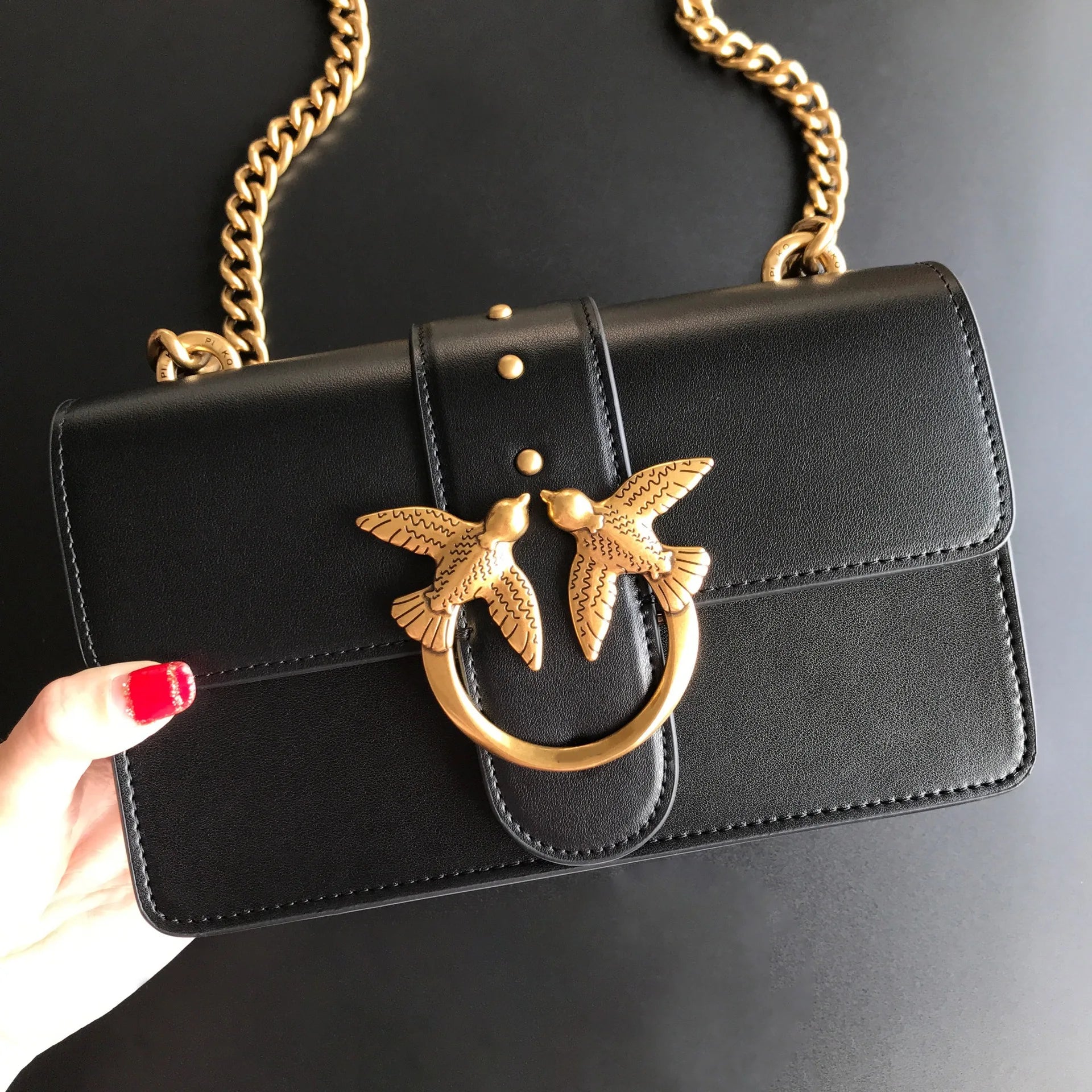 New Arrivalpinko Same Style Genuine Leather Super Mini Chain Small Square Lipstick Key Bag Swallow Bag Women's Handbag