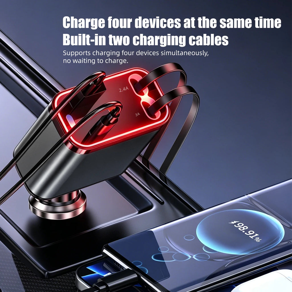 4in1 Retractable Car Charger with Red Roof Starlight USB Cable Fast Charger Cigarette Lighter Adapter For iPhone Huawei Samsung