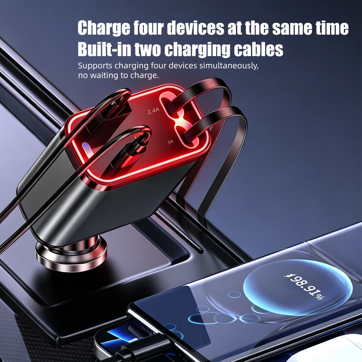 4in1 Retractable Car Charger with Red Roof Starlight USB Cable Fast Charger Cigarette Lighter Adapter For iPhone Huawei Samsung
