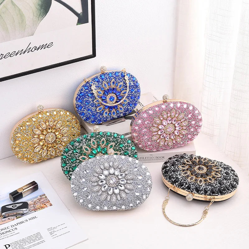 Alirattan 2026 New Flower Rhinestones Evening Bags Metal Prom Clutch Diamonds Clutch Chain Shoulder Handbags