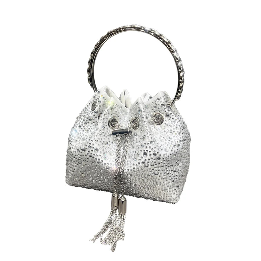 New Tassel Women's Shoulder Bags Metal Ring Diamond Bucket Bag Shiny Drawstring Handbag Tote Chain Crossbody Bags Evening Clutch