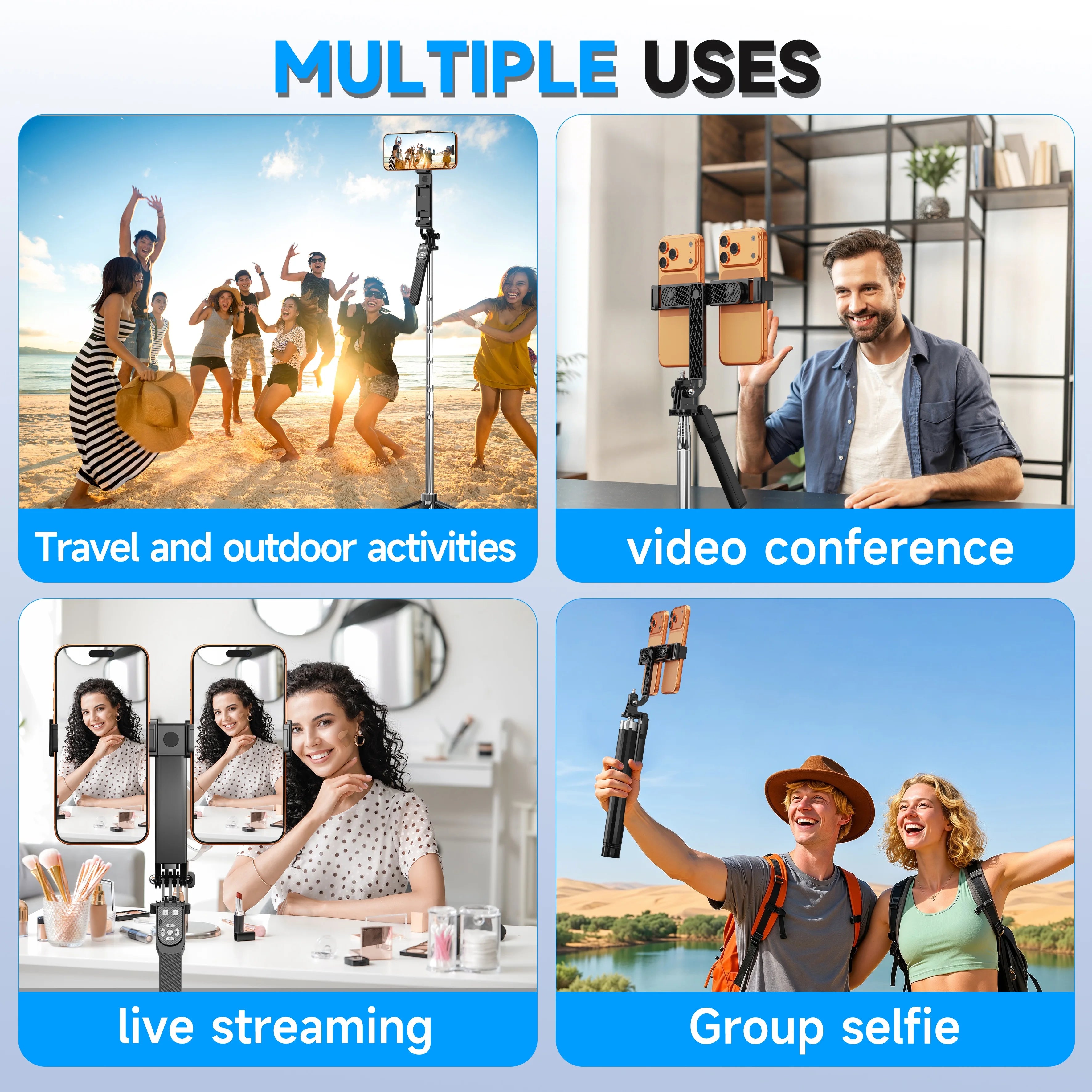 NeePho 185cm Extendable Selfie Stick Tripod NP-L9, Dual Phone Holder, Wireless Remote, Quadruped Stand, for Phone/Tablet/Gopro