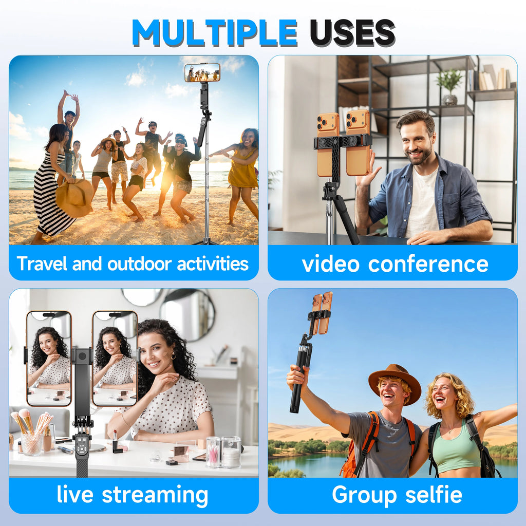 NeePho 185cm Extendable Selfie Stick Tripod NP-L9, Dual Phone Holder, Wireless Remote, Quadruped Stand, for Phone/Tablet/Gopro